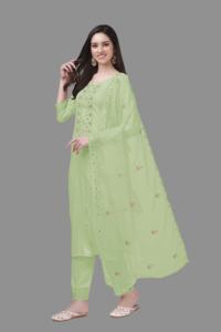 Trendmalls Ensemble de costumes Salwar en coton brodé pour femme Pantalon Kurta avec Dupatta (G103-Green) - Product Image 3