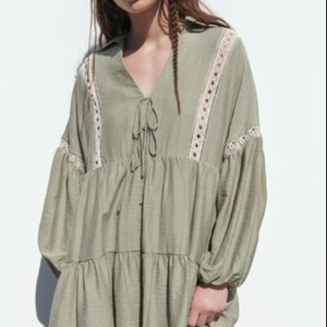 Cotton Bohemian <b>Dress</b> V-Neck Petal Sleeve Lace Sheer Layer A-Line Tea-Length Loose Fit Casual Summer Women's Plus Size - Product Image 1