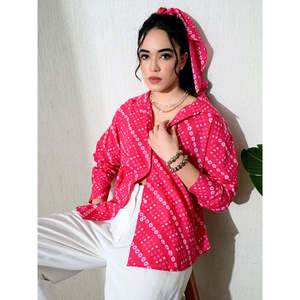 Camisa de Oficina de Algodón con Estampado Bandhani Rosa Extra Grande para Mujer, con Cuello Tejido con Botones, Transpirable, de Secado Rápido, Estilo Bohemio y Fresco para el Verano - Product Image 2