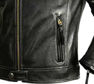 Veste de motard personnalisée de haute qualité pour hommes en cuir véritable Veste de style classique de moto noire en détresse col montant - Product Image 3