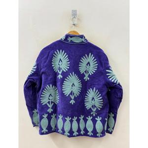 Chaqueta de Terciopelo Acolchada Reversible Indigo Garden, Abrigo de Otoño Invierno, Color Violeta Real, Verde Salvia, Talla XL, Tela de Gamuza Bordada Suzani - Product Image 1