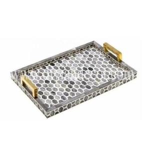 Plateau élégant en forme de rectangle avec incrustation en os, design à pois et poignée dorée, parfait pour servir la cuisine, la salle à manger et la table basse - Product Image 6