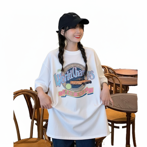Short Sleeve Breathable Polyester Preppy Style Long <b>Women's</b> New 2024 Summer Simple Letter Print <b>Loose</b> Korean Student <b>Top</b> Large - Product Image 4