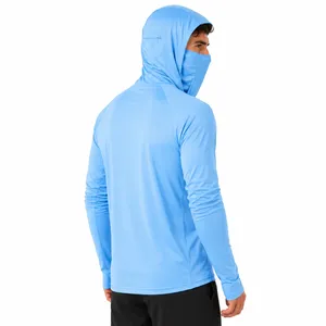 Men's <b>Light</b> <b>Blue</b> UPF 50 Hooded <b>Long</b> <b>Sleeve</b> Anti-UV Sun Protection Pullover Shirt Solid Color Polyester Fishing Wear - Product Image 4
