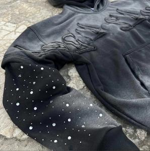 Wholesale Acid Wash Hoodies Rhinestone Embellished Streetwear <b>Oversized</b> <b>Hoodie</b> <b>Men</b> Women Custom Logo Supplier - Product Image 2