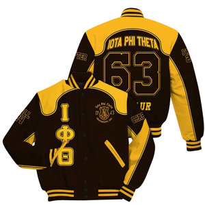 Iota Phi Theta 1963 Fraternity Letterman <b>Jacket</b> Greek <b>Life</b> Varsity Brown Gold Apparel Premium Collegiate Outerwear - Product Image 1