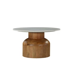 Table basse ronde en marbre et bois à nervures avec un design moderne et une base en bois de manguier, meubles de salon, meubles de maison - Product Image 1
