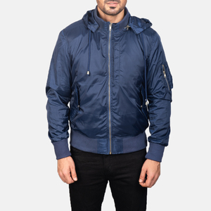 Keven Impex Unisex Navy Blue Hooded Bomber Jacket Full Sleeve Windproof Waterproof Breathable Polyester Winter Streetwear Zipper - Product Image 4