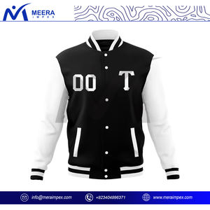 Personalizar 2025 nuevo diseño chaqueta Varsity para hombre logotipo personalizado tela transpirable Color blanco negro cuello acanalado chaqueta de béisbol para hombres - Product Image 3