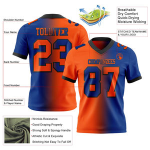 Camiseta de fútbol americano de primera calidad al por mayor, logotipo personalizado, poliéster auténtico, azul real, naranja, malla transpirable, pantalones cortos de alta calidad - Product Image 2