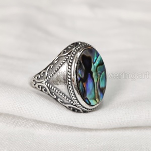 Grossiste Bague pour homme Bague en argent sterling 925 en forme de coquille d'ormeau plat naturel, pierre de naissance, toutes tailles, bijoux de fête arabes - Product Image 1