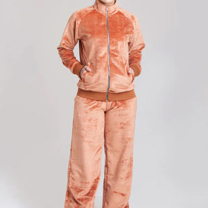 2025 estilo mujer verano Casual sólido dos piezas conjunto de terciopelo manga corta bolsillo con cremallera ecológico traje de secado rápido ropa - Product Image 1