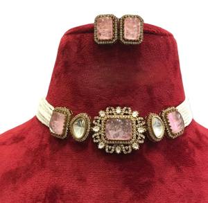 Élégant à la mode plaqué or mat Polki Kundan boucles d'oreilles tour de cou ensemble en laiton Durable pour les fêtes mariages anniversaires cadeau - Product Image 1