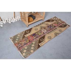 Alfombra turca vintage de 1,6x4,4 pies, marrón, beige, patrón floral, área grande, lana, Material PP para entrada, diseño de pasillo rectangular - Product Image 2