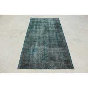 Alfombra turca vintage de 3.5x6.6 pies, alfombra de lana azul con motivos de plantas y árboles. - Product Image 1