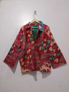 Unisex Vintage Style Long Sleeve Coat Handmade Kantha <b>Quilted</b> Cotton Jacket Turn Collar Raw Edge Design Floral Autumn Winter - Product Image 6