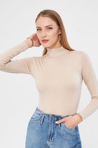 Women's Beige Turtleneck <b>Long</b> <b>Sleeve</b> Knitted Bodycon <b>Top</b> Slim Fit Solid Color Minimalist Style All Seasons Wear - Product Image 2