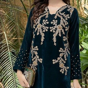 KURTA élégante avec robe pantalon sur tissu de velours embellissant la belle RESHAM, perles de verre de cristal, DABKA pour le travail de fête @ 2022 - Product Image 1