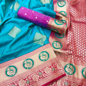 ชุดส่าหรีผ้าไหม Banarasi ดีไซน์เนอร์ที่สวยงามพร้อมด้วยเสื้อไหมนุ่มสวยงามสำหรับงานแต่งงานและงานปาร์ตี้ - Product Image 1