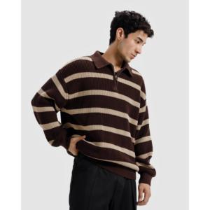 Suéter clásico de invierno con cremallera de un cuarto, a rayas, con estampado jacquard, tejido cálido y bordado a media costura. - Product Image 1