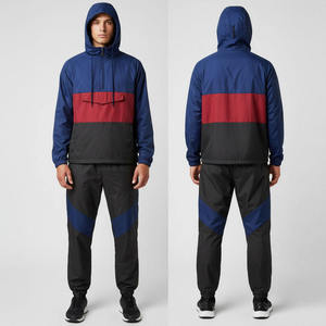 Mens Blue Red And Black Colorblock Windbreaker Tracksuit Set With Half-<b>Zip</b> Hooded Jacket And Matching <b>Joggers</b> Casual - Product Image 1