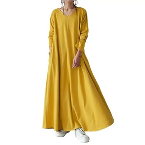Automne hiver femmes robe couleur unie col en V manches longues ample grand ourlet Maxi robe bon toucher dame robe pour un usage quotidien - Product Image 6