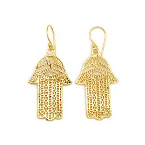 Boucles d'oreilles pendantes en laiton plaqué or 18 carats, motif œil protecteur Hamza, bijoux tribaux religieux en gros pour femmes - Product Image 1