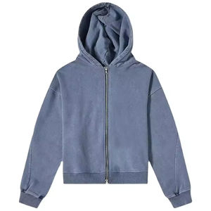 Custom Distressed Embroidery Hoodie OEM ODM Men Streetwear Boxy Fit Acid Wash Drop Shoulder Cropped Zip-Up Hoodie <b>Design</b> - Product Image 1