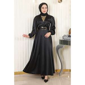 Robe de soirée en satin noir avec détails en pierres, robe de bal à sequins avec taille empire, taille XS - Robe longue de soirée pour femme MSW19901-1 - Product Image 1