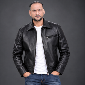 Veste moto en cuir véritable pour homme, col rabattable, fermeture éclair, coupe-vent, style automne, coupe classique, couleur unie - Product Image 1