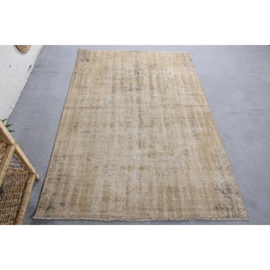 Tapis en laine turque vintage fait à la main 4x5.9 pieds Beige Style moderne Patchwork Rectangle couloir motif Latex pour le chevet des adolescents - Product Image 1