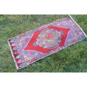 Turkish Rug 1.8x3.3 ft, <b>Red</b> Blue Southwestern <b>Wool</b> Vintage Rug - Product Image 3