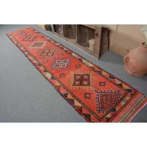 Vintage Turkish Classic Style Rectangle Rug 2.7ft X 13.6ft Orange <b>Brown</b> Bohemian Patchwork Design Flat Weave <b>Wool</b> Latex Backing - Product Image 3