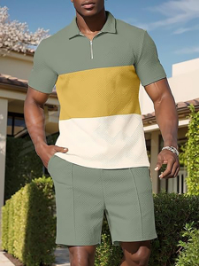 Survêtements d'été 2 pièces pour hommes, ensembles de shorts à manches courtes, tenues de survêtement 1/4 Zip Golf Polo Splicing Chemises à rayures - Product Image 3