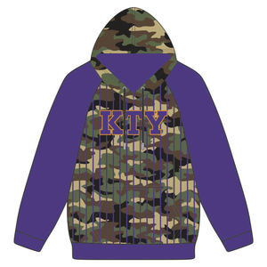 Sweat à capuche camouflage Omega Fraternity de qualité supérieure avec rayures et manches raglan violettes avec logo en chenille Divine Nine HBCU Apparel - Product Image 2