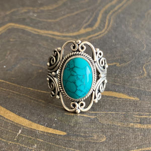 Designer Bohemian <b>Turquoise</b> <b>Ring</b> (6.6 Grams) Stylish Alloy Gemstone with Fine Bezel Setting Trendy Geometric Shape Perfect Gift - Product Image 1