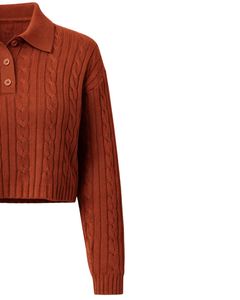 Customized Womens Rusted <b>Brown</b> Cable Knit Cropped Polo Sweater <b>Long</b> <b>Sleeve</b> Button Placket Ribbed Hem Casual Winter Knitwear <b>Top</b> - Product Image 4