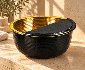 Bol de pédicure rond en cuivre martelé doré avec couvercle noir et système de drainage sans tuyau et de massage manuel pour salon et spa - Product Image 2
