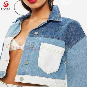 Custom Brand <b>Cropped</b> Color Block <b>Jean</b> Jacket <b>Women</b> Ladies Casual Denim Tops Contrast Patchwork XL Size Cotton Filled Wholesale - Product Image 3