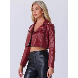 Women's Faux Leather Long Sleeve Zipper Up Moto Cropped <b>Jacket</b> Faux Leather Crop Stand Collar Zipper Front Moto Biker <b>Jackets</b> - Product Image 2