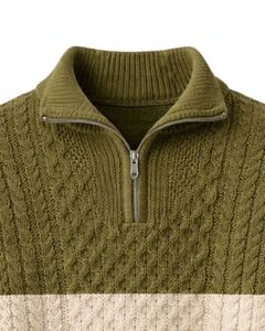 Manufacturer Customized <b>Mens</b> Quarter Zip Cable Knit Sweater Olive Green And Beige Color Block High Neck Warm Winter Pullover OEM - Product Image 5
