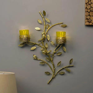 Gold Leaves Wall Candle Holder for <b>Home</b> <b>Decor</b> Diwali <b>Indian</b> Wedding Made of Glass and Metal Return Gifts - Product Image 1