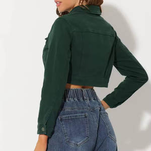 Denim Jacket Long Sleeve Turn Down Collar and Pockets Signal Button Winter Wear Outdoor Wear Denim Cropped Jacket For Women's - Product Image 2