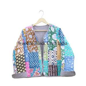 Women's Handmade Indian Cotton Breathable Eco-Friendly Quilted Patchwork <b>Jacket</b> <b>Kantha</b> Stitch Reversible Floral Design Cozy - Product Image 2