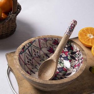 Bol de service en bois imprimé de haute qualité fabriqué à la main avec finition lisse pour ustensiles de cuisine élégants au prix de gros - Product Image 4