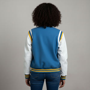 Veste universitaire pour femme avec logo imprimé en sérigraphie personnalisée OEM/ODM, 100% laine, bicolore, respirante, chaude, style hip-hop, doublure en coton avec rivets - Product Image 4