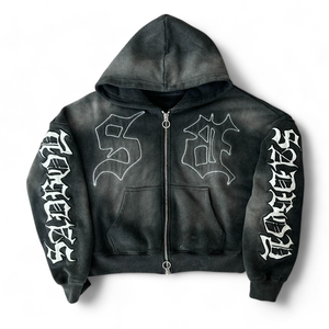 Custom Pullover Sun Faded Boxy Heavy Weight Cotton Cropped Embroidery Distressed Acid Wash <b>Zip</b> up <b>Hoodie</b> Manufacturers - Product Image 1