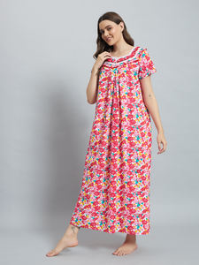 Camisón de Encaje 100% Algodón para Mujer, Manga Media, Largo Completo, Transpirable, con Bolsillo Lateral, 300g, Estampado Floral en el Cuello, Elegante, Primavera - Product Image 4