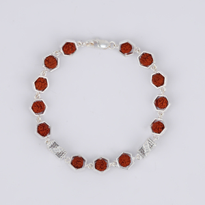 925 Silver Rudraksha <b>Bracelet</b> with Natural <b>Crystal</b> Classic Hexagonal Bezel and Designer Accents Made in India - Product Image 1