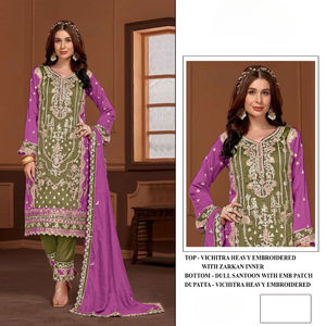 VICHITRA Lourd Brodé Style Traditionnel Semi-Cousu Salwar Kameez Pakistanais pour Toutes les Occasions ZARKAN Design Fait Soie - Product Image 5